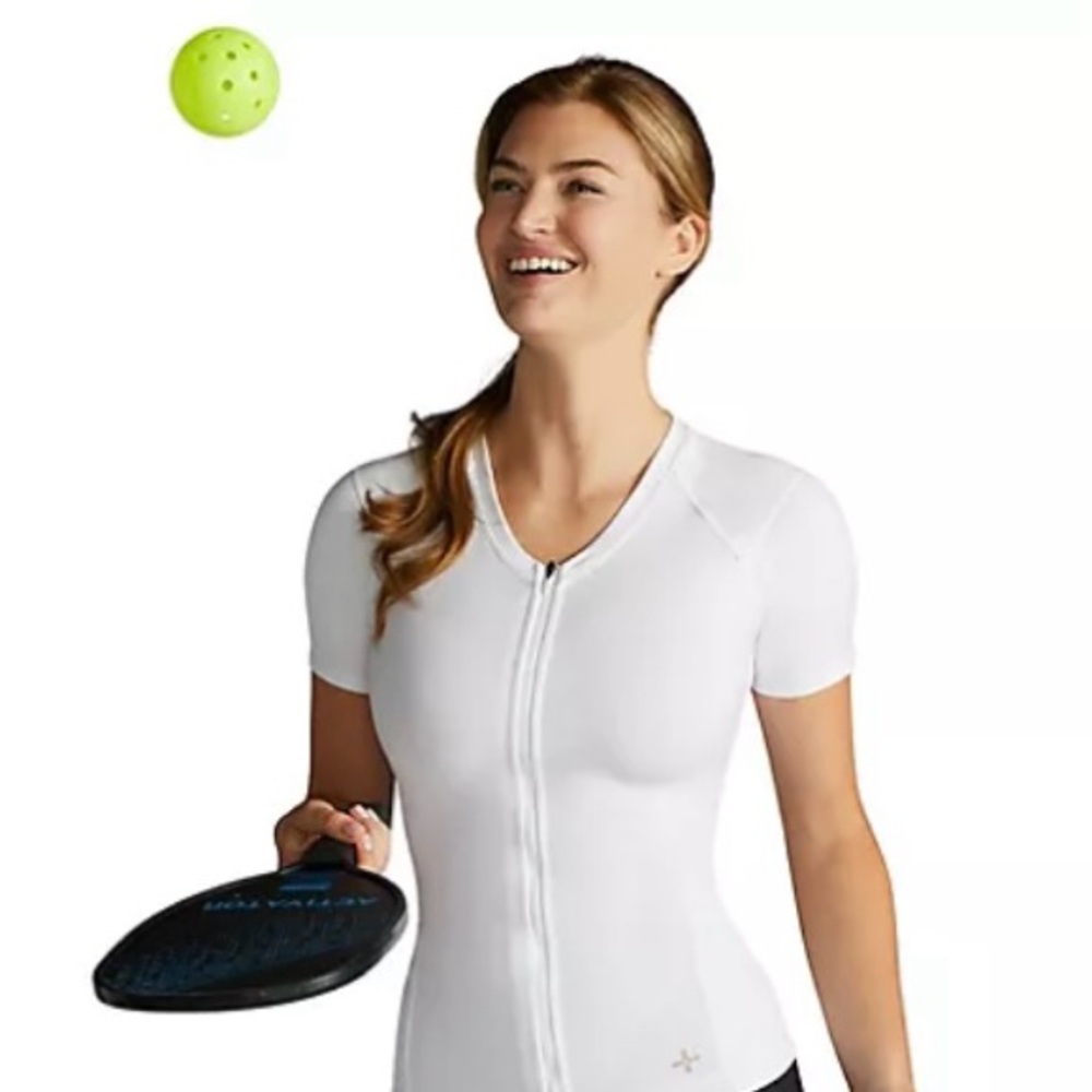 Women's White Short-Sleeve Zip-Front Active Tee